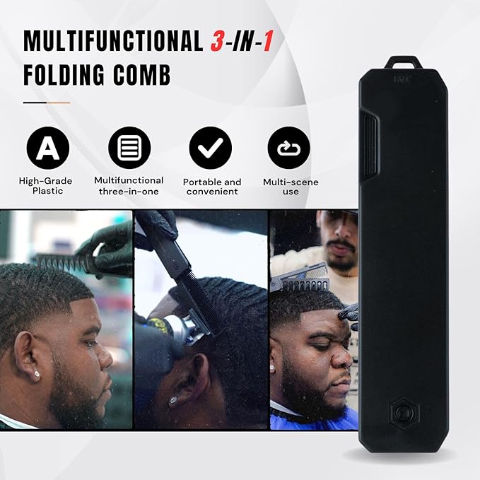 Protable Folding Pocket Comb for Men, 3 in 1 Hair Comb - Fine Tooth & Wide Tooth Comb, for Everyday Grooming & Combing Hair, Beards and Mustaches (Black)