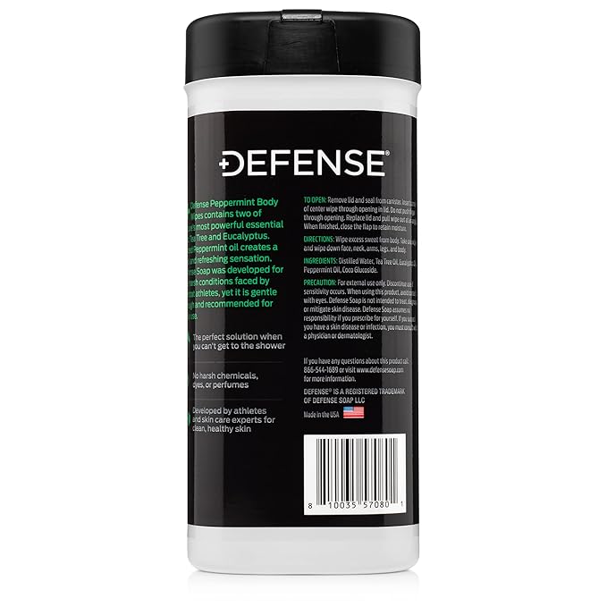 Defense Soap All Natural Peppermint Body Wipes 2PK with Tea Tree Oil | Wrestling, Combat, Camping, Gym, Post Workout Shower Wipes for Men and Women. 40 Count (Pack of 2)