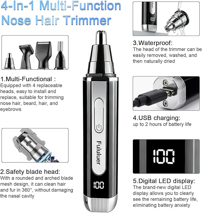 Fululuer Nose Hair Trimmer for Men and Women: 2026 Upgraded Rechargeable 4-in-1 Ear, Nose, Eyebrow & Beard Trimmers 8500 RPM, LED Indicator & Waterproof Dual Edge Blades (Black)