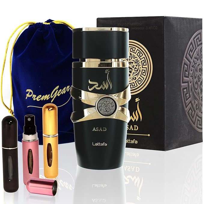 Lattafa Perfumes Asad for Unisex Eau de Parfum Spray, 3.4 Ounce / 100 ml with Elegant Velvet Pouch and 3 Refillable Atomizer Spray Bottles