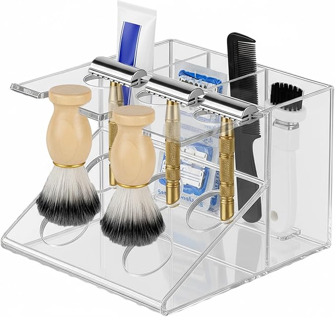 Shaving Brush Stand and Razor Holder, Safety Razor Stand for Men with Smooth Scratch-Resistant Surface - Multi-Function Storage Solution to Prolong Your Brush Life - Fits Most Razors and Brushes