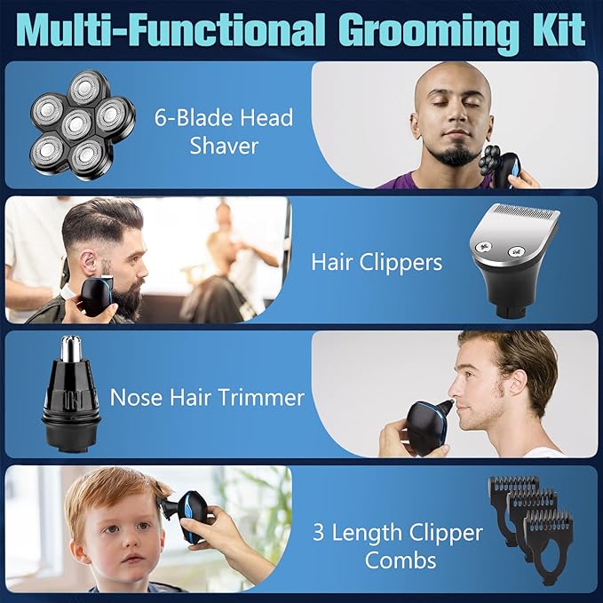 Head Shaver for Bald Men, 6-in-1 Electric Shaver for Bald Head 6D Wet/Dry Waterproof Mens Electric Razor Head Shavers with Grooming Kit Cordless Rechargeable Face Head Shaving Rotary Shavers Blue