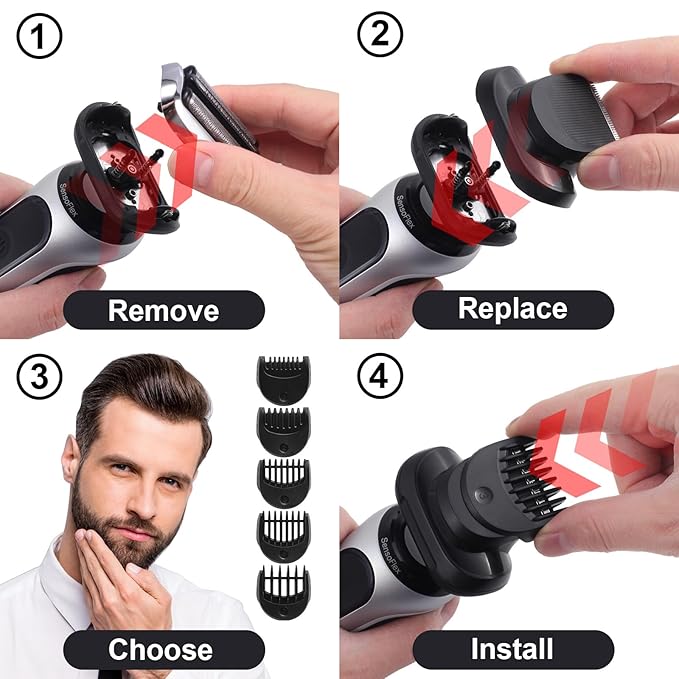 Beard Trimmer Attachment for Braun Series 5, 6 and 7 Electric Razors - 1 Replaement Trimmer Head + 5 Combs for Shaver 5018s, 5020s, 5050cs, 6075cc, 6020s, 6072cc, 7071cc, 7075cc, 7085cc, 7020s, 7027cs