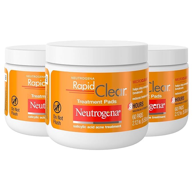 Neutrogena Rapid Clear Maximum Strength Acne Face Pads with 2% Salicylic Acid Acne Medication to Help Fight Breakouts, Oil-Free Facial Cleansing Pads for Acne-Prone Skin, 3 Pack