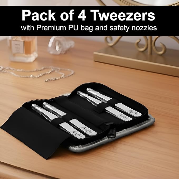 Fiber Tip Eyebrow Tweezers Set for Women & Men, 4 Pcs Professional Stainless Steel Tweezer Kit with Slant, Pointed, Flat & Pointed-Slant Tips for Facial Hair & Eyebrow Removal (Silver)