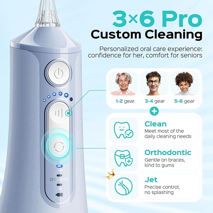 COSLUS C51 Portable Water Flosser for Teeth: 3 Modes & 6 Pressure Settings with Jet Mode Water Dental Pick for Orthodontic, Braces, Sensitive Gums, Compact for Travel, 300ML for Multiple Users, Blue