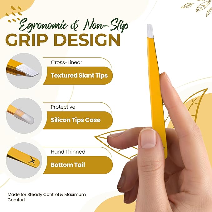 Professional Slant Tip Eyebrow Tweezers for Women & Men – Precision Hair Removal Tool – Stainless Steel Tweezers for Eyebrow Shaping, Facial Hair, Ingrown Hair & Splinter Removal (Golden Glow)