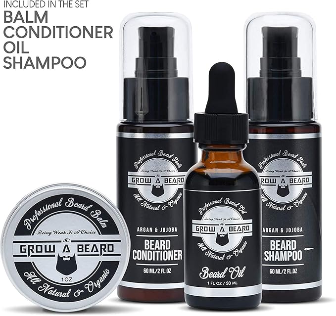 Beard Straightener Grooming Kit for Men, Beard Growth Kit, Wash, Brush & Comb, Unscented Growth Oil, All Natural Sandalwood Balm, Conditioner, Razor & Scissors, Great Gift Idea for Men's (Black)