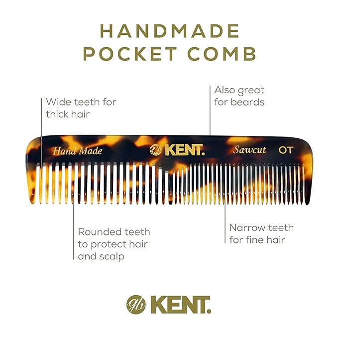 Kent OT TY Pocket Comb - Handmade Fine and Wide Tooth Hair Comb for Men, Women, and Kids - Travel, Beard, and Mustache Comb - Saw Cut and Hand Polished Made in England