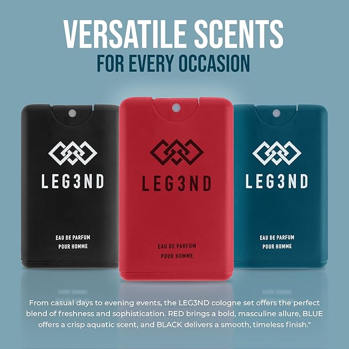 LEG3ND Pocket Sprays Collection - Red, Blue & Black - 3 Piece Set Travel Cologne for Men - Fresh, Sexy & Long-Lasting Eau de Parfum Fragrance (0.68oz Each)