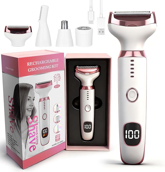 2026 Electric Razor for Women Men,4 in 1 Ladies Wet & Dry Body Razors and Facial Hair Remover,Rechargeable LED Display Hair Removal Kit for Nose Face Body Bikini Hair (Multicolor Pink)