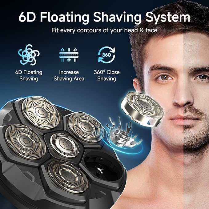 Electric Head Shaver for Bald Men, 6D Flexible Head Shavers, Magnetic Detachable Blade, Bald Razor, Wet & Dry Waterproof Skull Shaver, Cordless USB-C Rechargeable Electric Razor for Men