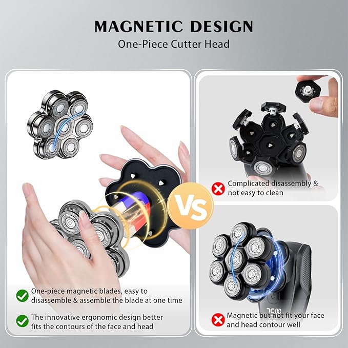 Head Shaver Replacement Heads Magnetic 7 Blades Razor Replacement Blades Compatible with Freebird Shaver & Other Brands (hmsilver7)
