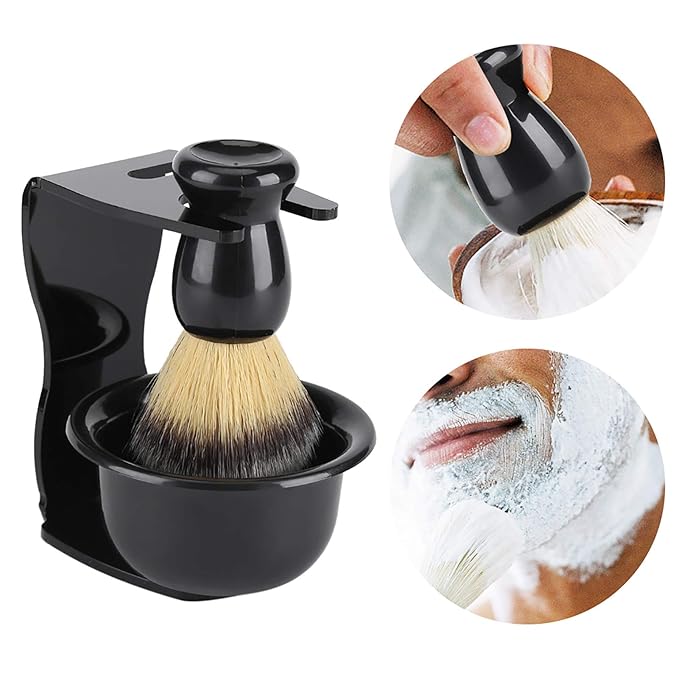 Shaving Brush and Bowl Kit for Men, 3 in 1 Shaving Brush Set,3 PCS Professional Men Shaving Brush Stand Holder Bowl Set for Men Barber Shave Kit