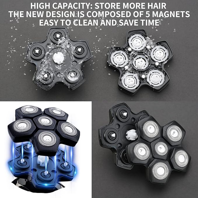 6D Black Electric Shaver Replacement Blade Head - Universal Magnetic Interface, 6 Blades