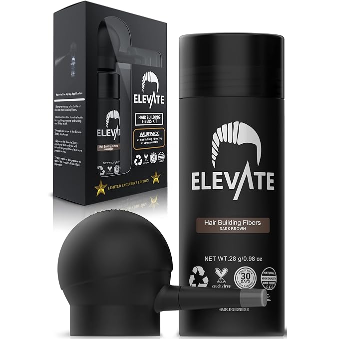 ELEVATE Hair Perfecting 2-in-1 Kit | Set Includes Natural Hair Thickening Fibers & Spray Applicator Pump Nozzle | Instantly Conceal & Thicken Thinning Balding Areas in Seconds Men & Women (Dark Brown)