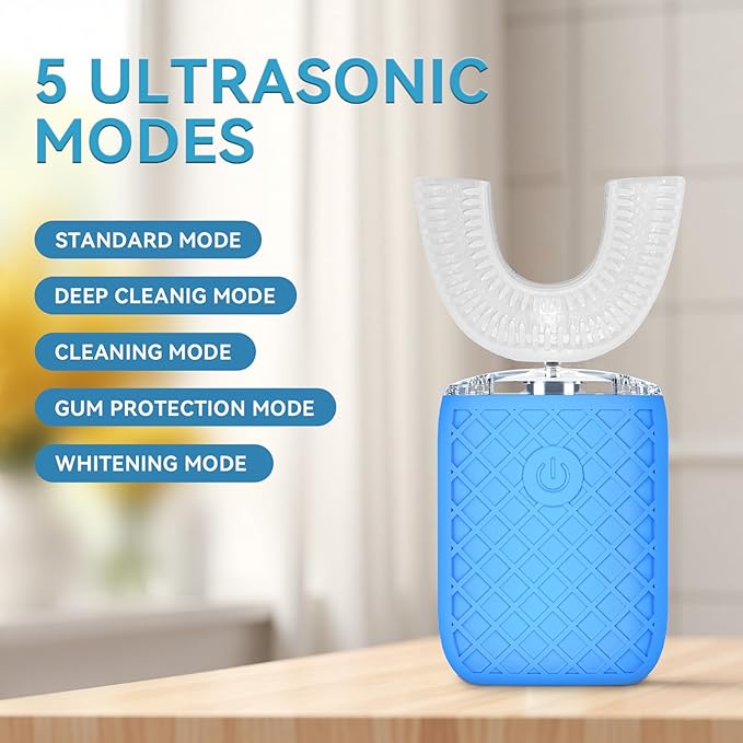 Adult Sonic Automatic Electric Toothbrush, 360° Oral Cleaning Stain Whitening, IPX7 Waterproof Rechargeable, u-Shape Brush Head*3+Straight Handle Brush Head*2 (Azure Blue)
