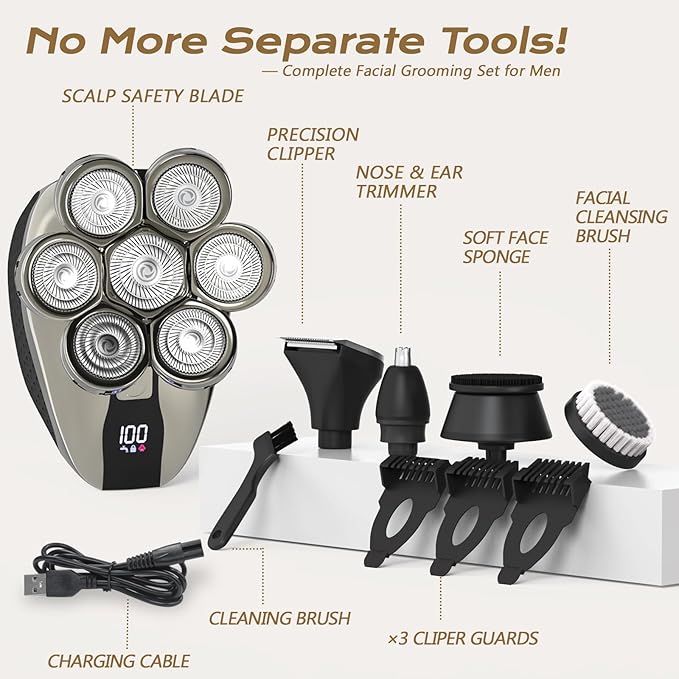 7D Head Shavers for Bald Men, Water Proof Electric Razor for Men with LED Display, Detachable Wet/Dry Anti-Pinch Head Shavers, Shaving Grooming Kit for Balder, Perfect for Home & Travel（Black）