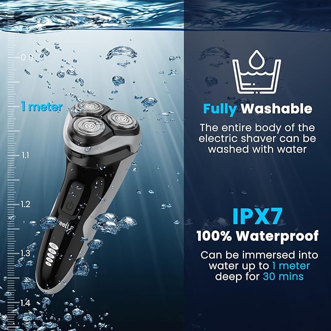 SweetLF Men's Electric Razor - 120 min runtime, 1-Hour Fast Charge, IPX7 Fully Waterproof, Wet & Dry Rotary Shaver with pop-up Trimmer, Type-C Rechargeable