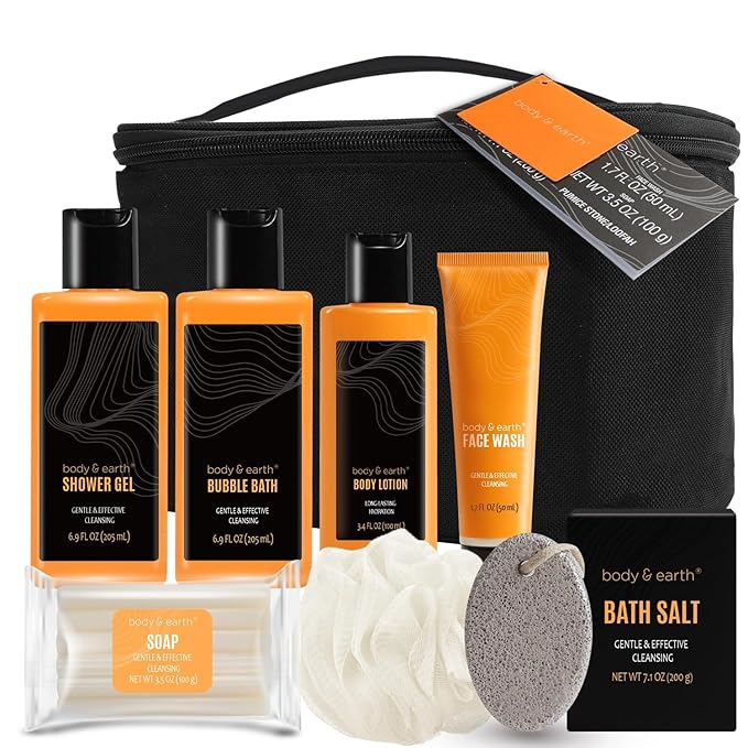 Body & Earth Gift Baskets for Men Bath Set Citrus Scented Bath and Body Gift Set with Body Lotion, Face Wash, Shower Gel, Bubble Bath, Loofah, Birthday Fathers Day Gifts