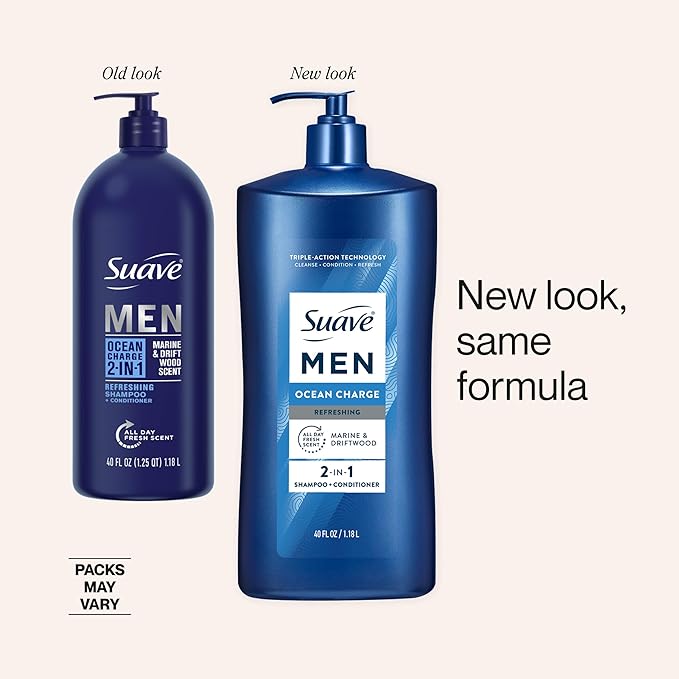 Suave Men Ocean Charge 2 in 1 Refreshing Shampoo & Conditioner with Pro Vitamin B5, Hydrates & Revitalizes Hair, Ocean Fresh Scent, 4 Count, 40 FL OZ Pump