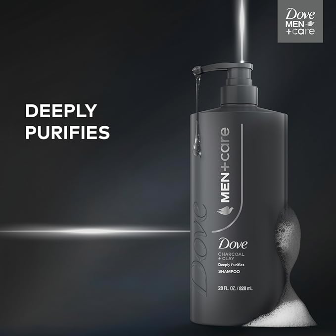 DOVE MEN + CARE Shampoo 1 count Charcoal + Clay for Real Hair that Powers Up Hair Strength, with Deep Purifying Benefits, 28 Fl oz