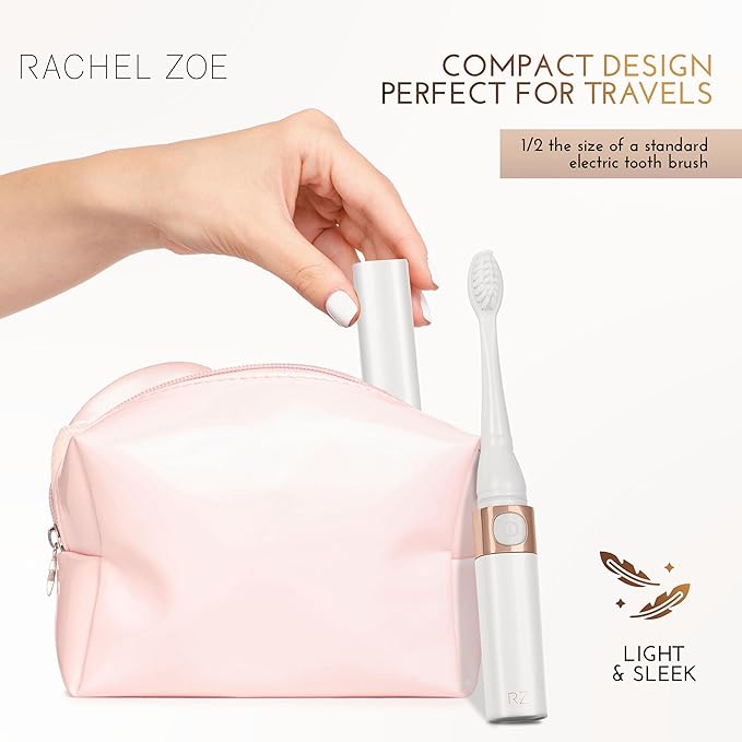 Rachel Zoe Portable Electric Toothbrush for Adults, Battery Operated Compact Sonic Tooth Brush for Trips, Waterproof Travel Toothbrush with Cover, 2 Removable Brush Heads Included, Pink/Rose/Gold