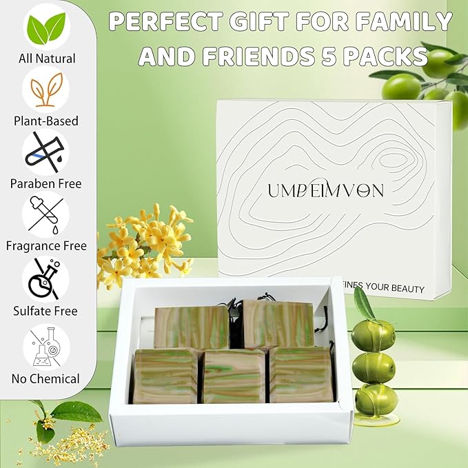 5 Pack Olive Oil Soap Bar, Organic and Natural Soap Handmade with 80% Olive Oil 20% Laurel, Cold Pressed Bar Moisturize and Soothe Itchy for Face, Body and Hair, Fragrance Free, 3.53 oz