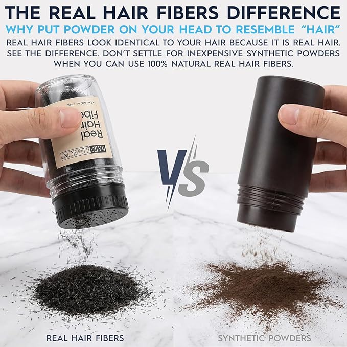 Hair Illusion Black Real Hair Fibers for Thinning Hair - 100% Natural Texture, Non Synthetic Hair Fibers - Bald Spot Cover Up for Women & Men - 38 Gram