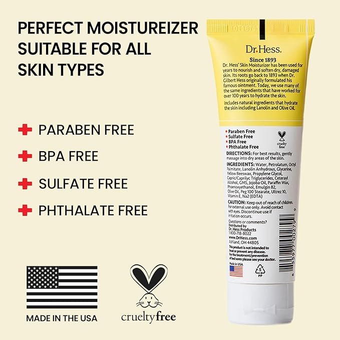 Dr. Hess Skin Moisturizer for Bed Sore Prone & Dry Skin, All Natural with Lanolin, Olive Oil, Jojoba Oil & Beeswax, Paraben & Sulfate Free, Hydrating Body & Face Cream, 4 oz