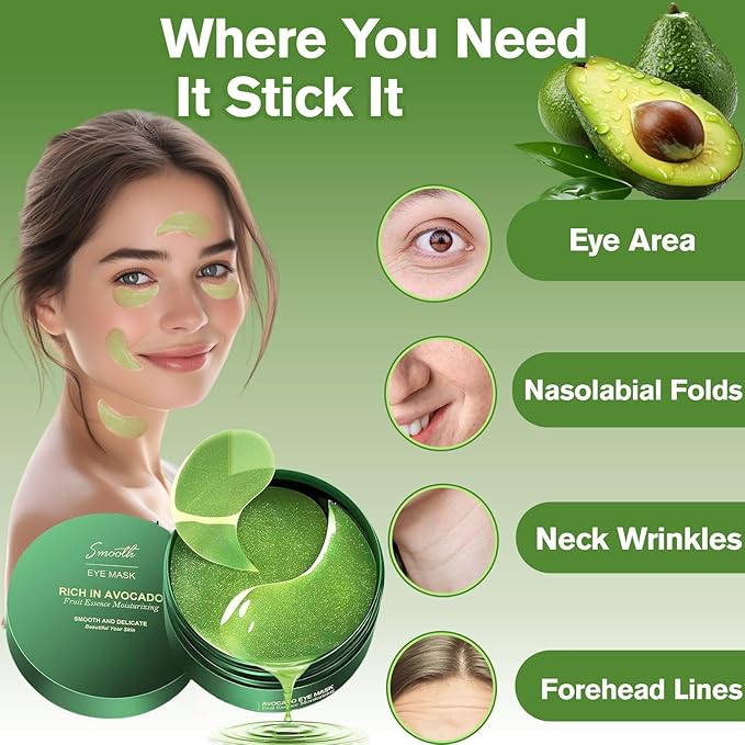 Avocado Under Eye Patches (60 PCS), Collagen Eye Mask for Dark Circles and Puffiness, Hydrating Under Eye Pads for Women & Men