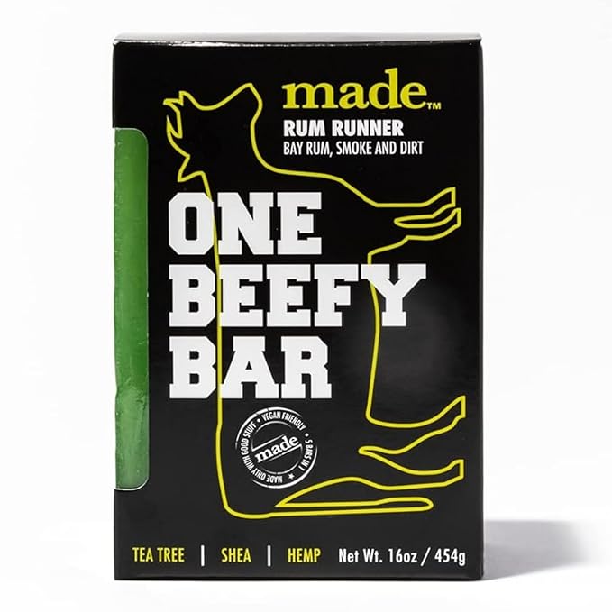 made One Beefy Bar | Rum Runner | Shampoo, Body Wash & Shaving Soap | Bay Rum & Smoked Earth Scent | Breakaway Brick Design | Moisturizing with Coconut Oil, Shea Butter & Aloe Vera | 16 oz