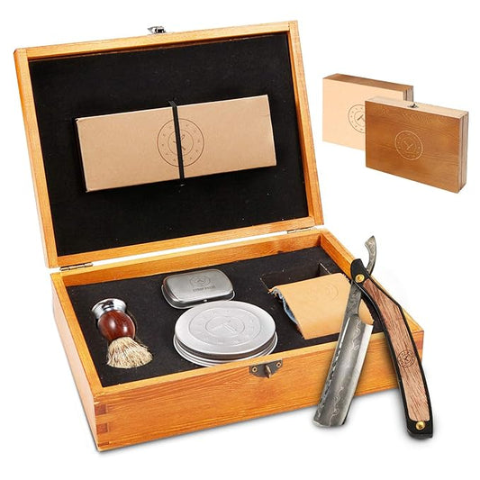 Complete Straight Razor Kit - Straight Razor Shaving Kit for Men with Damascus Steel Blade, Leather Strop, Organic Shave Soap, Synthetic Shaving Brush, Strop Paste, Leather Case, Gift Box