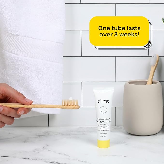 ELIMS Travel Size 10% Nano-Hydroxyapatite Toothpaste Fluoride Free - Xylitol Remineralizing Toothpaste for Whitening Sensitive Teeth - Orange Pineapple Mint Toothpaste for Adults & Kids 1oz