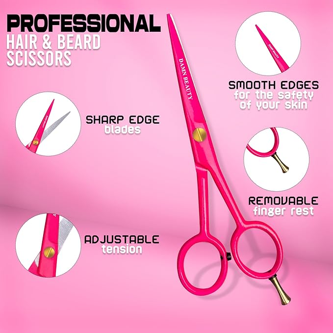5.5"Professional Hair and Beard Scissor For Men & Women German Shears Use for Facial Hair, Trimming, Grooming, Cutting, and Styling of Beard (Pink)