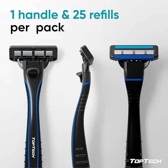 TopTech Razor 3 for Men Two Year Set - Manual Shaving Razor & Replaceable Cartridges (Handle + 25 Refills Pack) - 3 Blades Technology - Fits Gillette Mach3 - Soft Shave & Sharp - Great Refill Price
