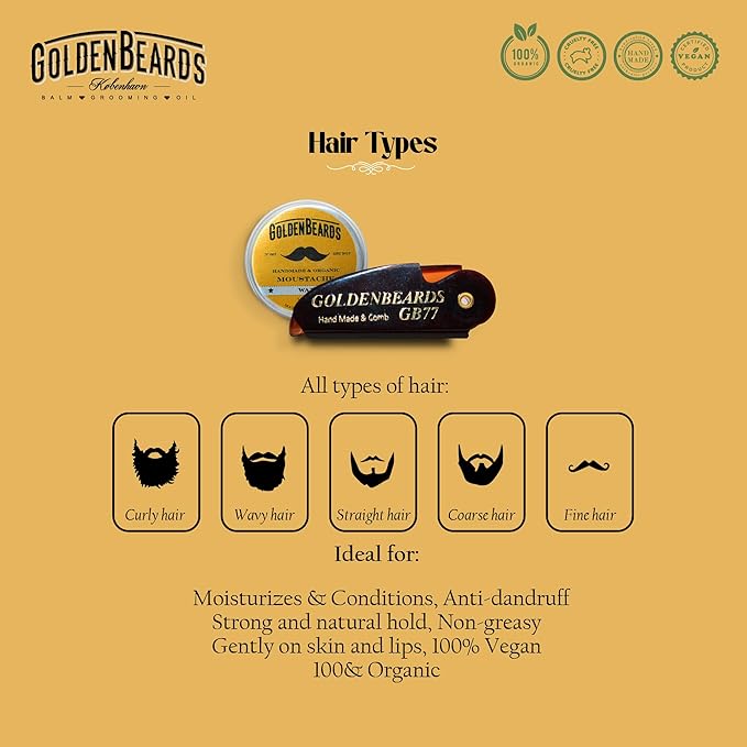 Golden Beards Mustache Wax with GB-77 Folding Comb – Organic & Natural Styling Wax for Men – Strong Hold, Vegan, Cruelty-Free Grooming Kit