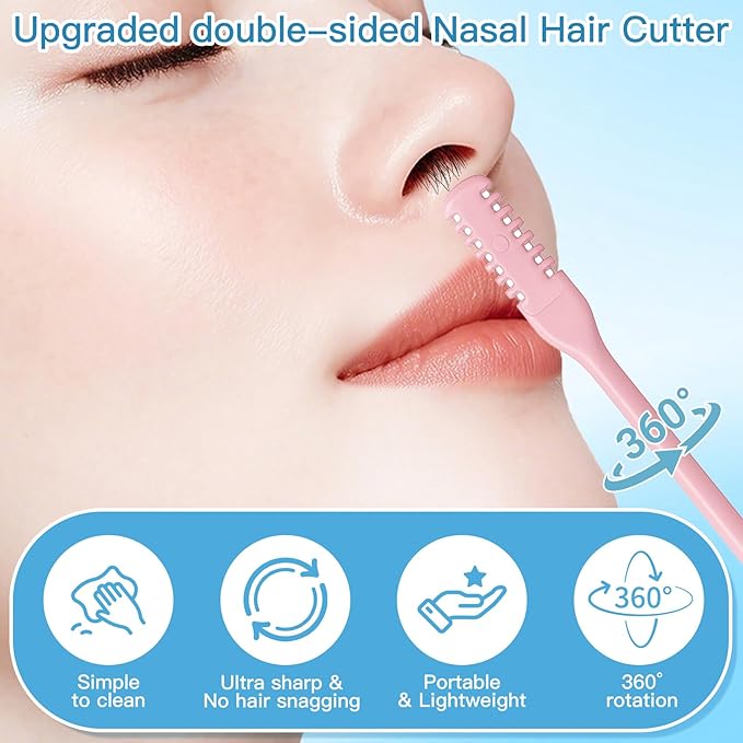 15Pcs 2-in-1 Pink Nasal Hair Cutter,Portable Manual Nostril Hair Remover Christmas Mens Nose Hair Trimmer for Women Gift with Cleaning Brush,Double Sided 360° Rotating Ear Nose Cutter for Men