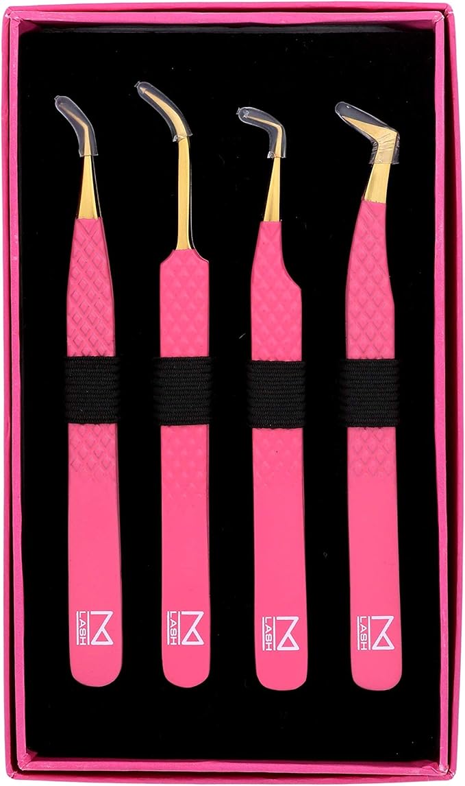 M LASH Tweezers for Eyelash Extensions (Set of 4) - Professional Lash Extension Tweezers - Fiber Tip, Japanese Steel, Diamond Grip Eyelash Extension Tweezer set (Pink)