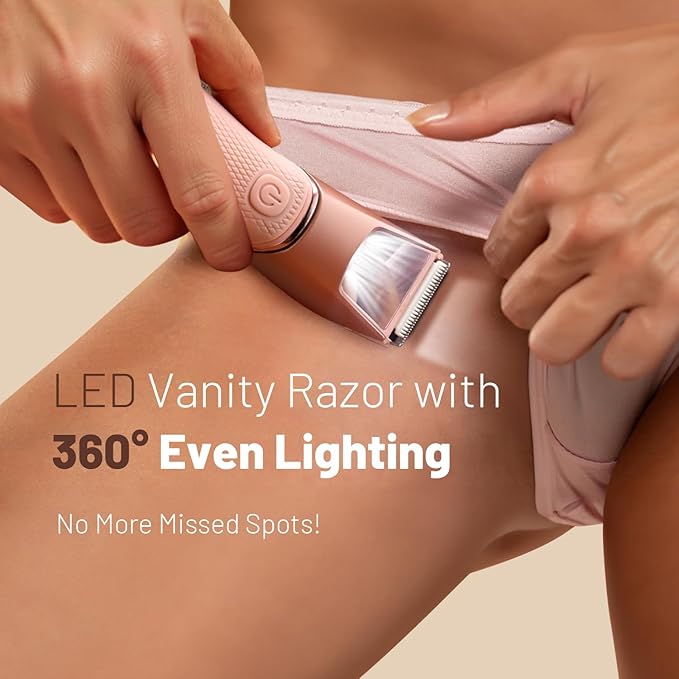 Bikini Trimmer for Women: Pubic Hair Razor with Mirror & LED Light, Electric Shaver with Travel Lock & Ceramic Blades - Body Groomer IPX7 Waterproof Use for Legs/Arm/Underarm - Dusty Pink