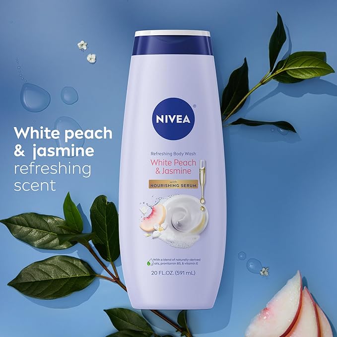 NIVEA Refreshing White Peach and Jasmine Body Wash with Nourishing Serum,Scented Body Wash for Women,Enriched with Provitamin B5 and Vitamin E,20 Fl Oz Bottle,(Pack of 2)