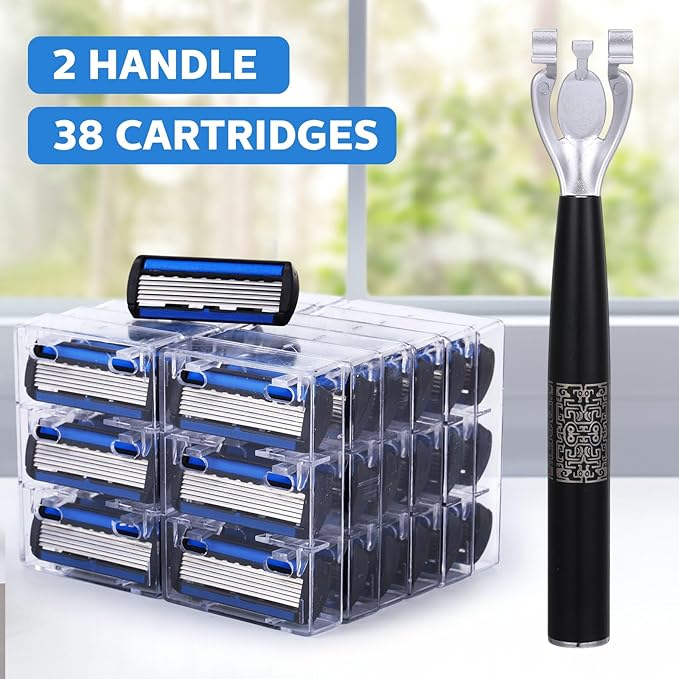 40 Pcs Disposable Men's Razors Set 6-blade Sensitive Skin Refillable Razor Kit for a Comfortable Shave, 2 Handles and 38 Cartridges