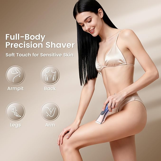 Bikini Trimmer for Women, 2-in-1 Electric Razor with Dual Heads, Ceramic Blade, Waterproof & Rechargeable, Painless Pubic Hair Shaver for Bikini, Underarm, Legs, Face | Gift for Her - ChampagneGold