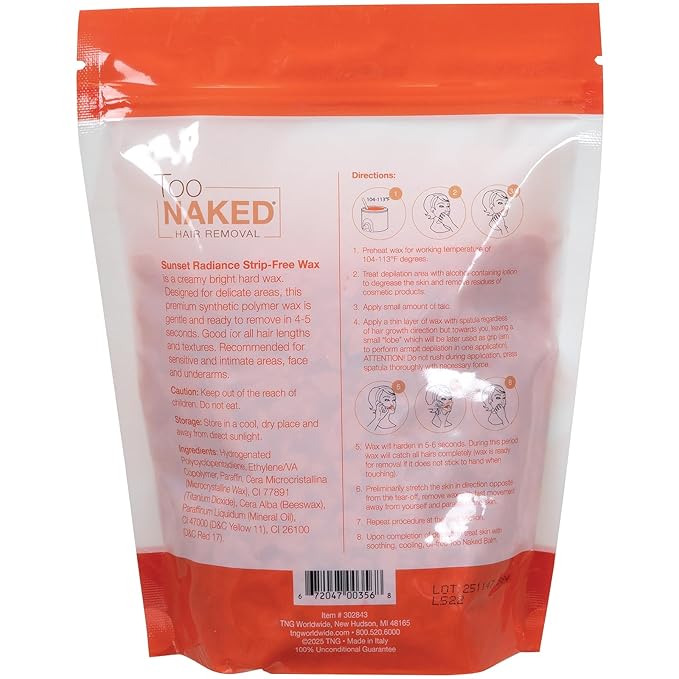 Too Naked Hair Removal Sunset Radiance Strip-Free Wax, Full Transparency with Creamy Consistency, Hypoallergenic for Sensitive Areas, Fragrance-Free, Unisex, 1 Lb.