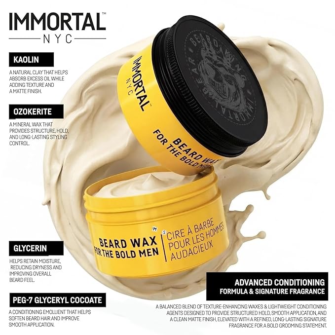 Immortal NYC Beard King Beard Wax, 1.7 oz/ 50 ml - Strong Hold - Precise Styling & Shape - Tames Stray Hairs