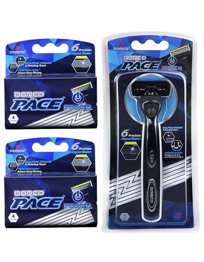 Dorco Pace 6 Plus Power - Six Blade Power Razor System with Trimmer (9 Cartridges + 1 Handle)