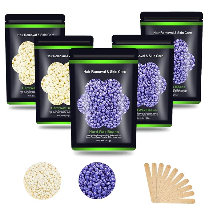 Wax Beads for Hair Removal 1.1 lb (17.6 oz), Hard Wax Beads for Sensitive Skin - Brazilian, Face, Bikini, Legs, Eyebrow, Painless Waxing Beads Kit for Women Men, 5 Packs with 10 Wax Sticks