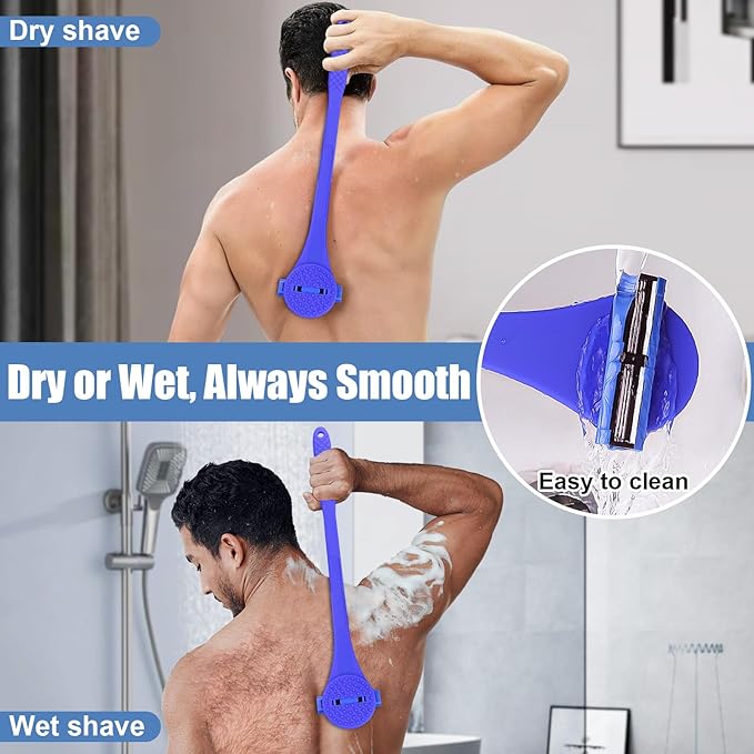 2 in 1 Back Shaver & Massage Cleaning Brush with Bendable Handle, Manual Stainless Steel Razor for Back & Body Hair Removal, Portable Wet Dry Body Groomer with 8 Pcs Replaceable Blades-Blue