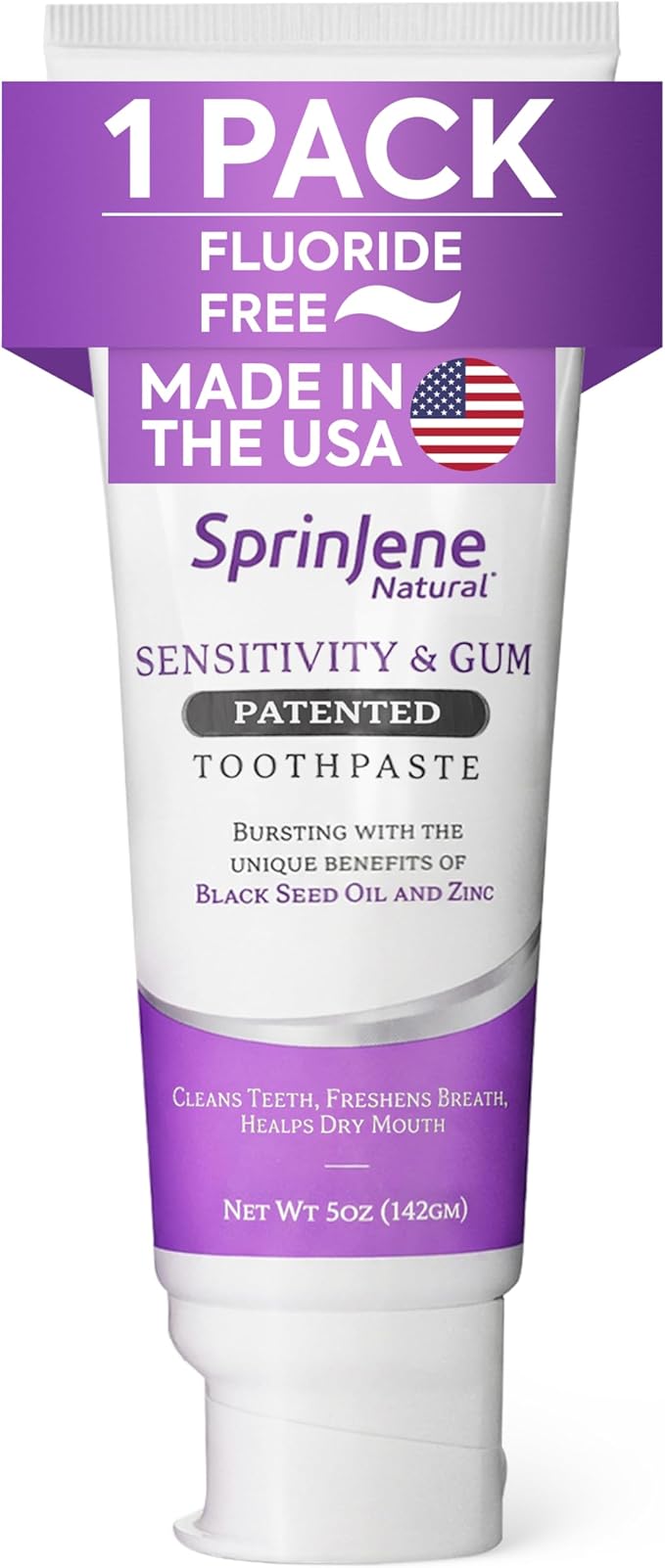SprinJene Natural Fluoride Free Toothpaste for Sensitive Teeth & Gums – Patented Toothpaste with Black Seed Oil & Zinc – Vegan Dry Mouth Prevention for Fresh Breath – Made in The USA (1 Pack)