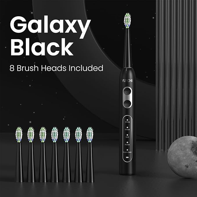 YUNCHI Electric Toothbrush for Adults, Kids Electric Toothbrush,Rechargeable Toothbrushes with 8 Brush Heads, Travel Case, 2 Min Timer, IPX7 Waterproof, 5 Modes, Black
